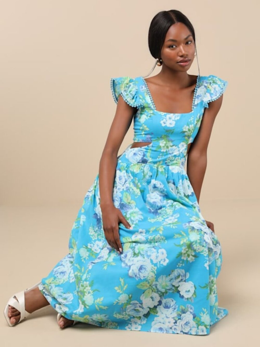 Lulus Prielle Bright Blue Floral Cutout Midi Dress - Size XL